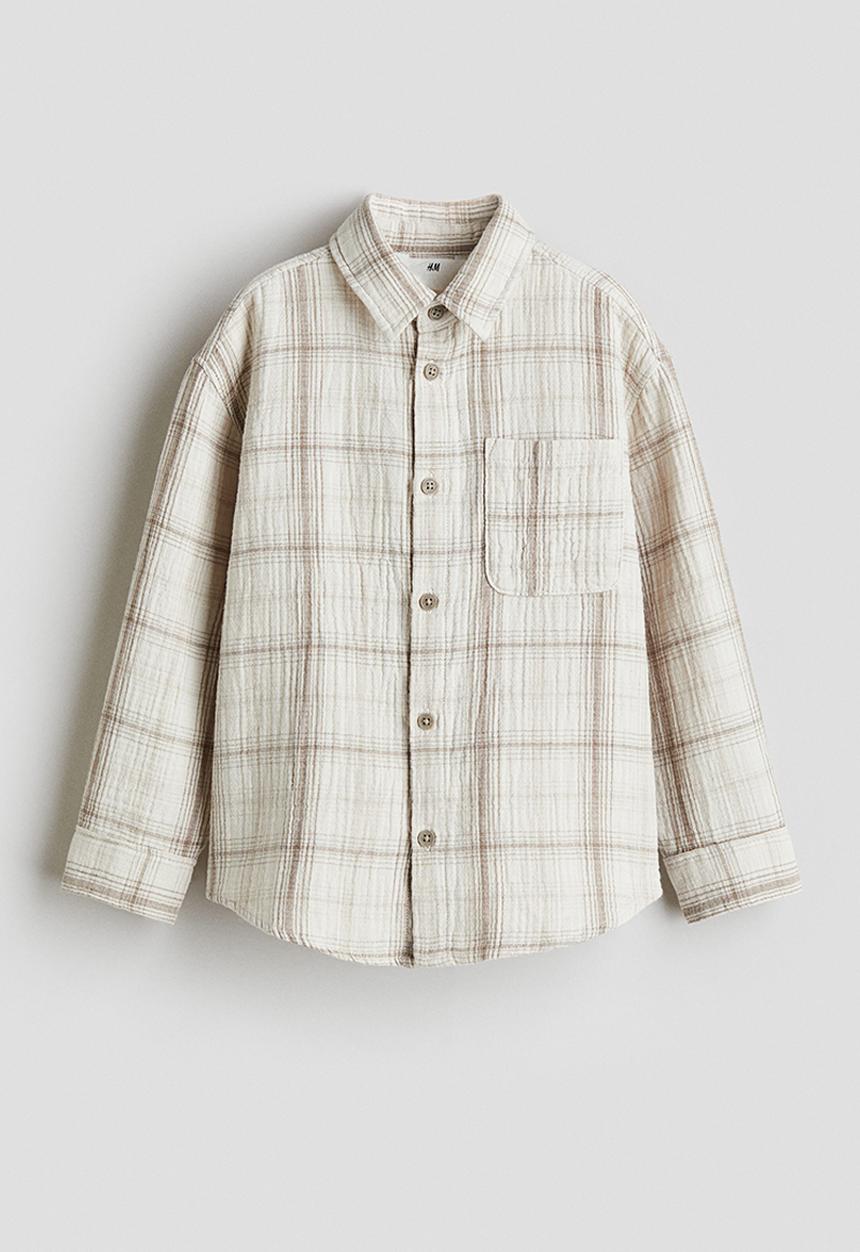 H&M - Cotton muslin shirt - light beige/checked 