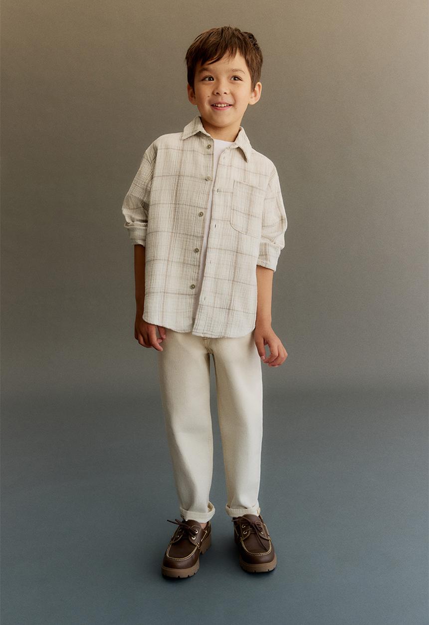 H&M - Cotton muslin shirt - light beige/checked 