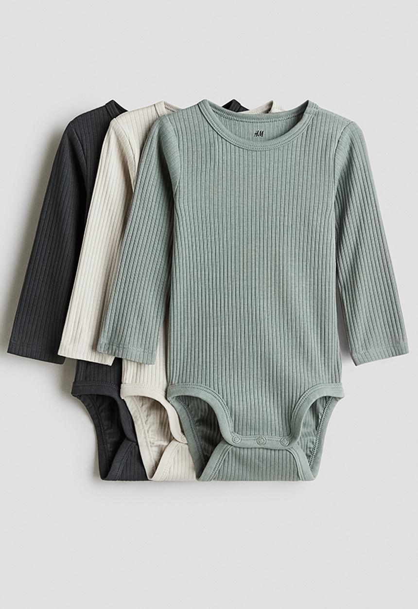 H&M - 3 pack ribbed bodysuits - dusty green & dark grey