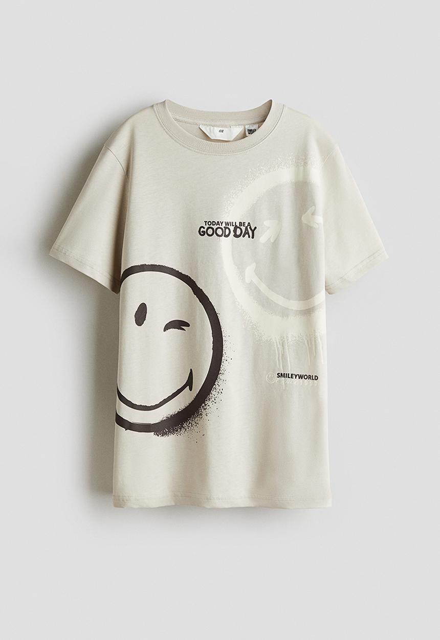 H&M - Print-motif cotton t-shirt - beige smileyworld®