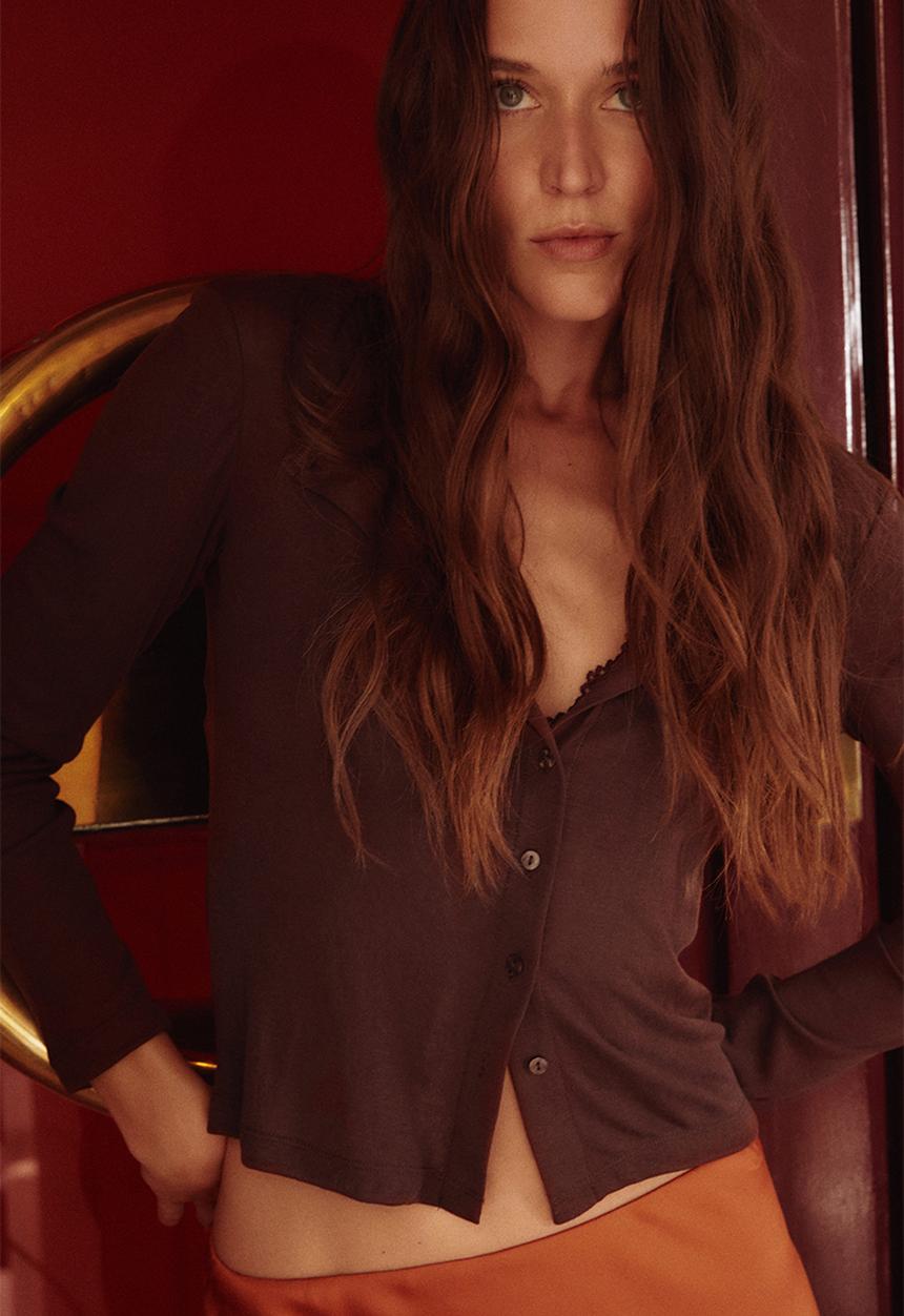 H&M - Fine-knit button-front top - dark brown 