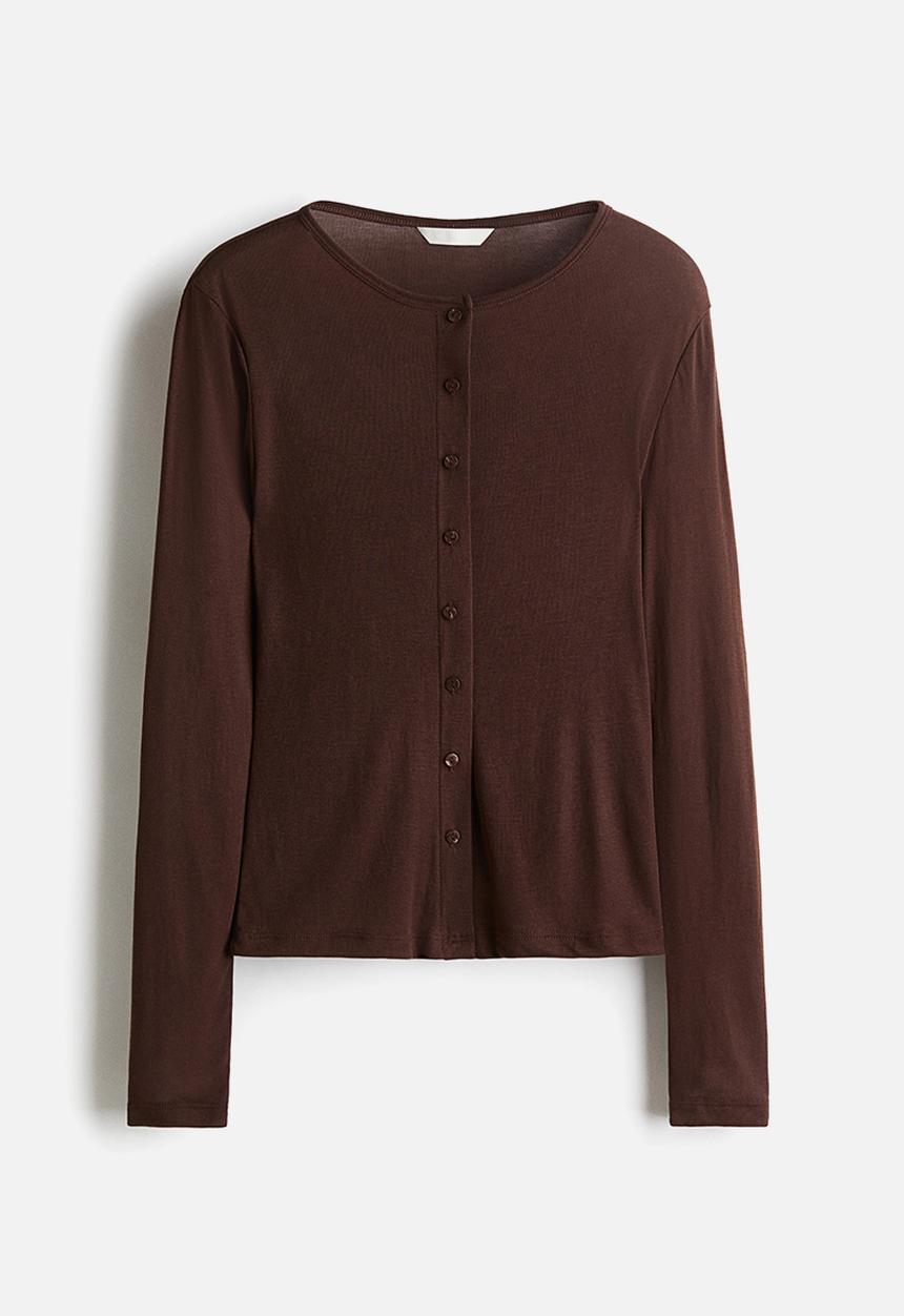 H&M - Fine-knit button-front top - dark brown 