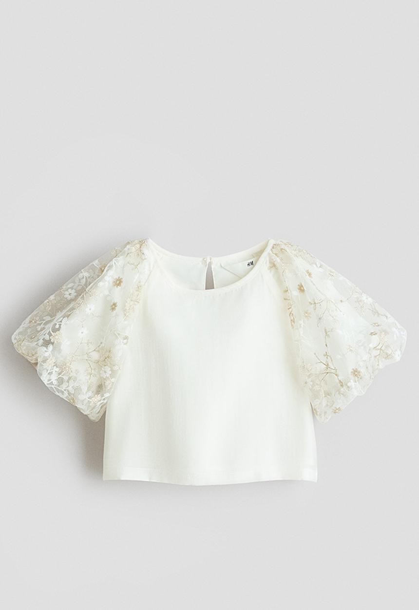 H&M - Puff-sleeved blouse - white/floral 