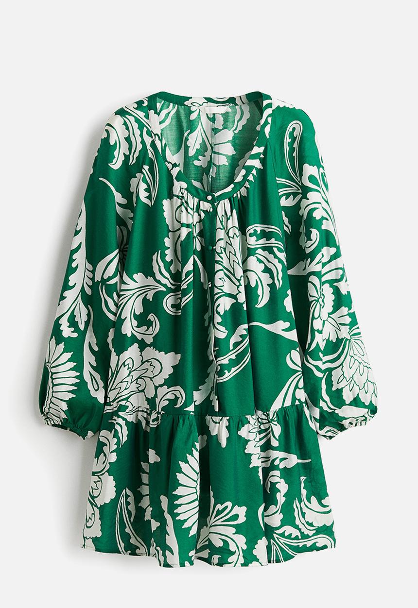 H&M - Button-front tunic dress -green/patterned