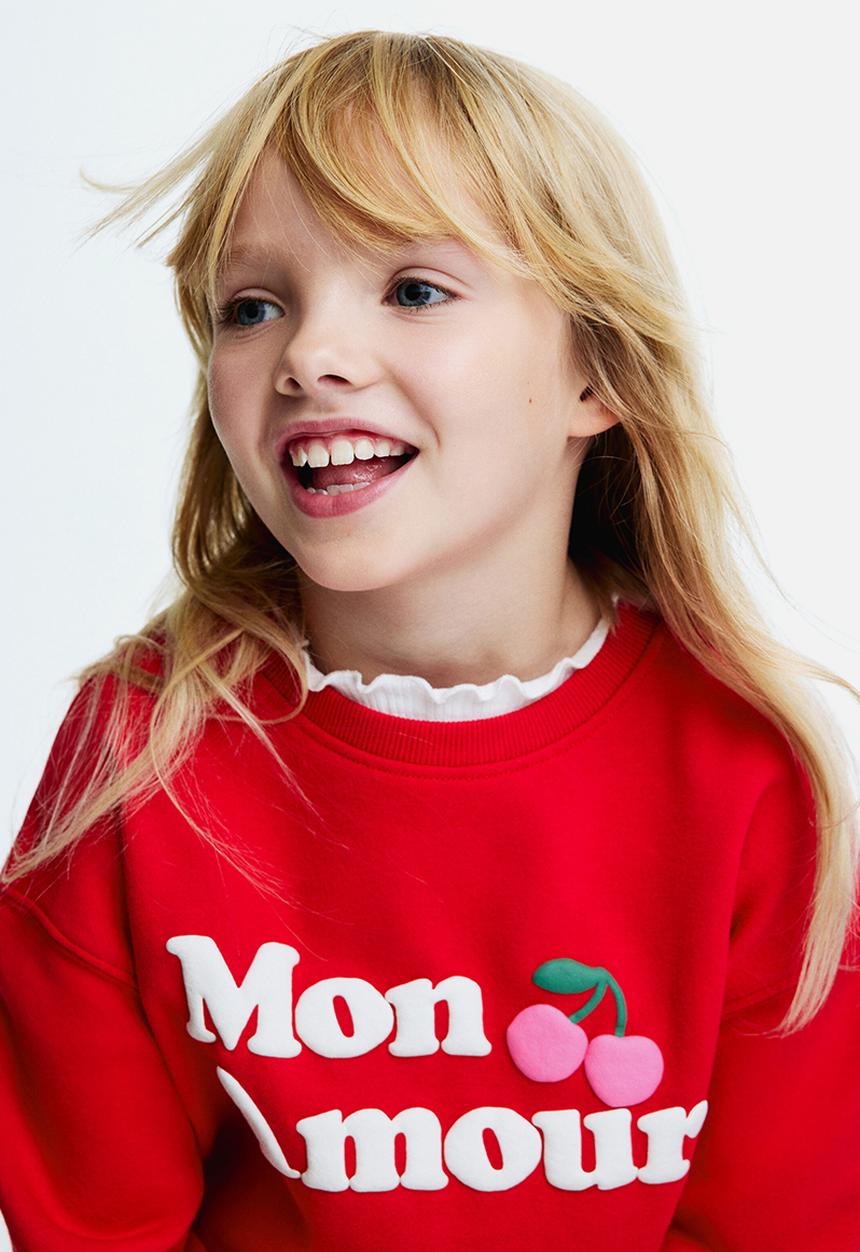 H&M - Printed brushed-inside sweatshirt - red/mon amour 