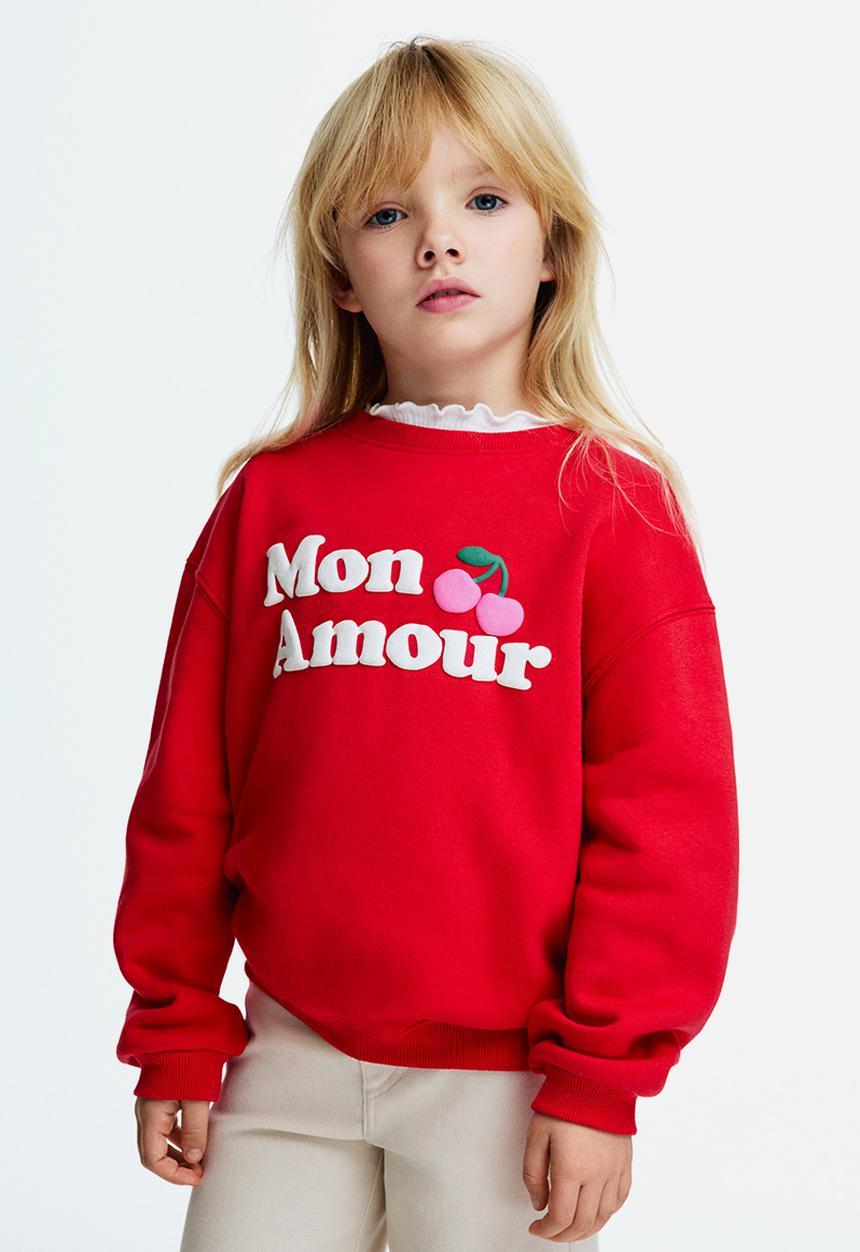 H&M - Printed brushed-inside sweatshirt - red/mon amour 
