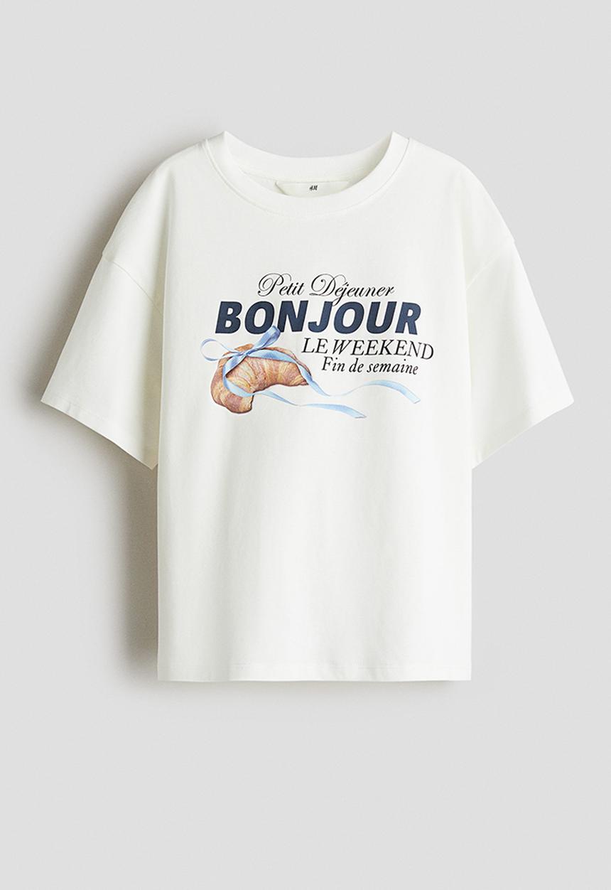 H&M - Oversized cotton T-shirt - white/bonjour