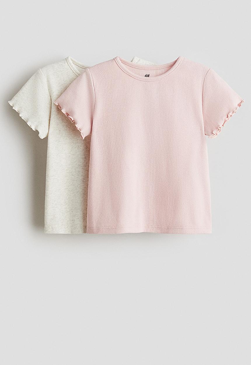H&M - 2-pack ribbed cotton T-shirts -  light pink/light beige marl