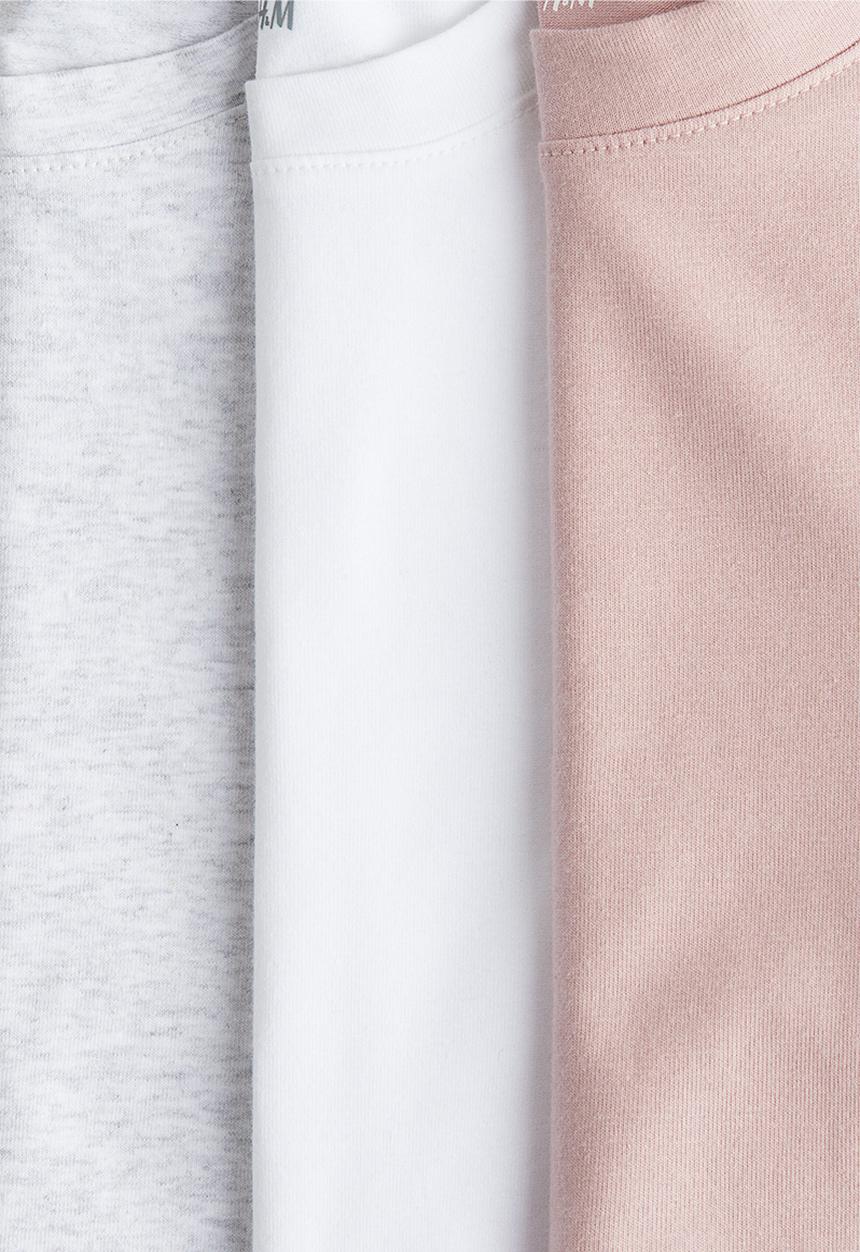 H&M - 3-pack cotton tops - pink,white,grey