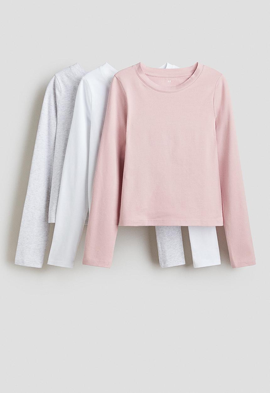 H&M - 3-pack cotton tops - pink,white,grey
