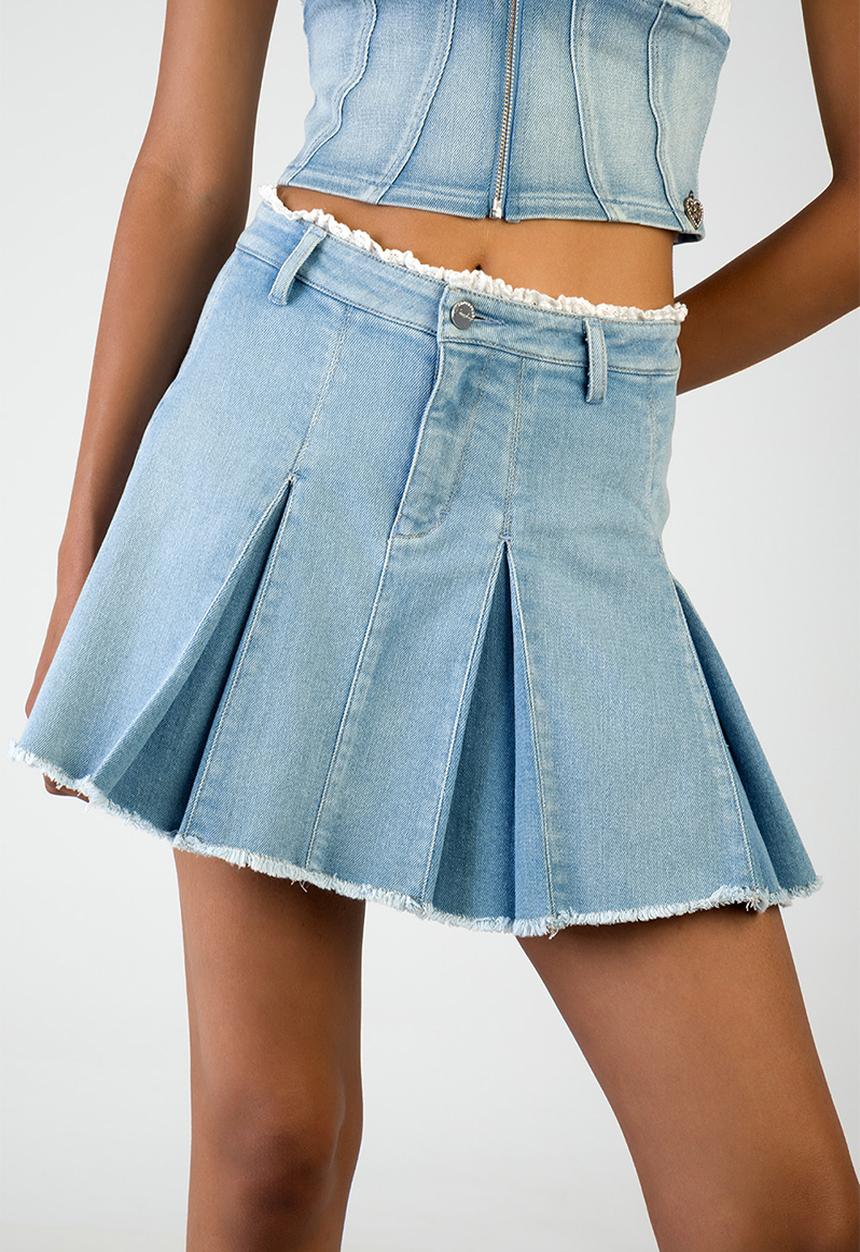 SISSY BOY - Nicole: Mini Pleated Denim Skirt With Lace Trim on The Waist - Light Vintage