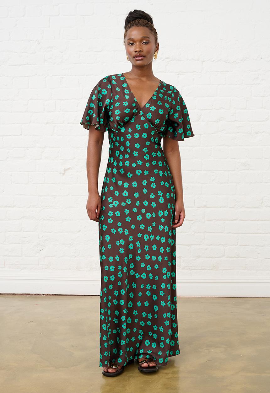 Me&B - Jade Flower Satin Bias Maxi - Choc