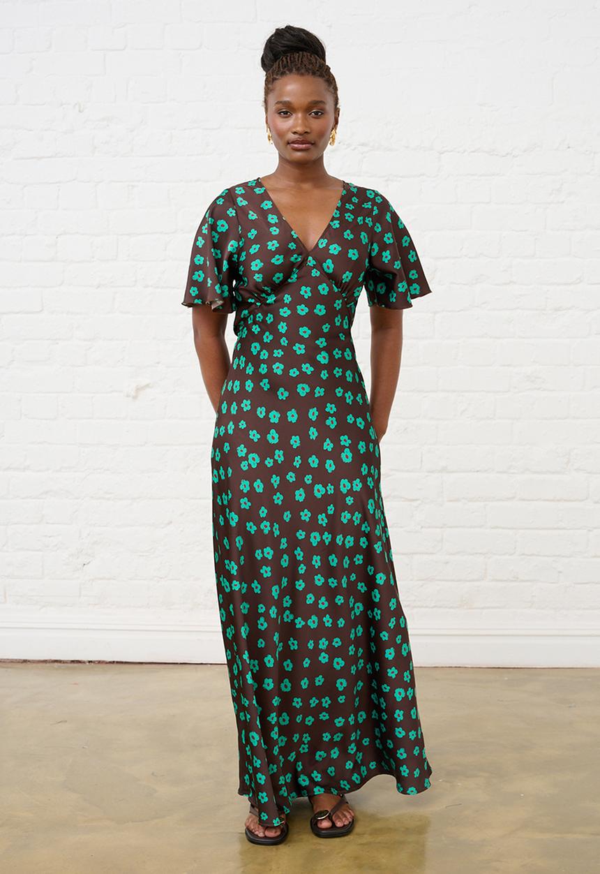 Me&B - Jade Flower Satin Bias Maxi - Choc