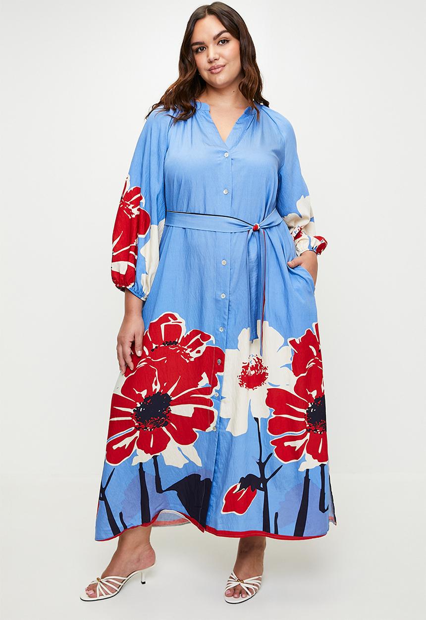 Me&B - Plus Maxi Shirtdress in Midnight Poppy - Multi