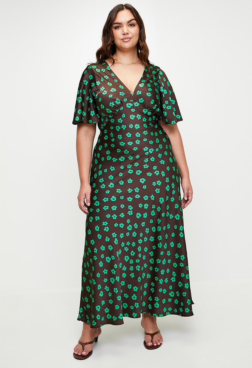 Me&B - Plus Jade Flower Satin Bias Maxi - Choc