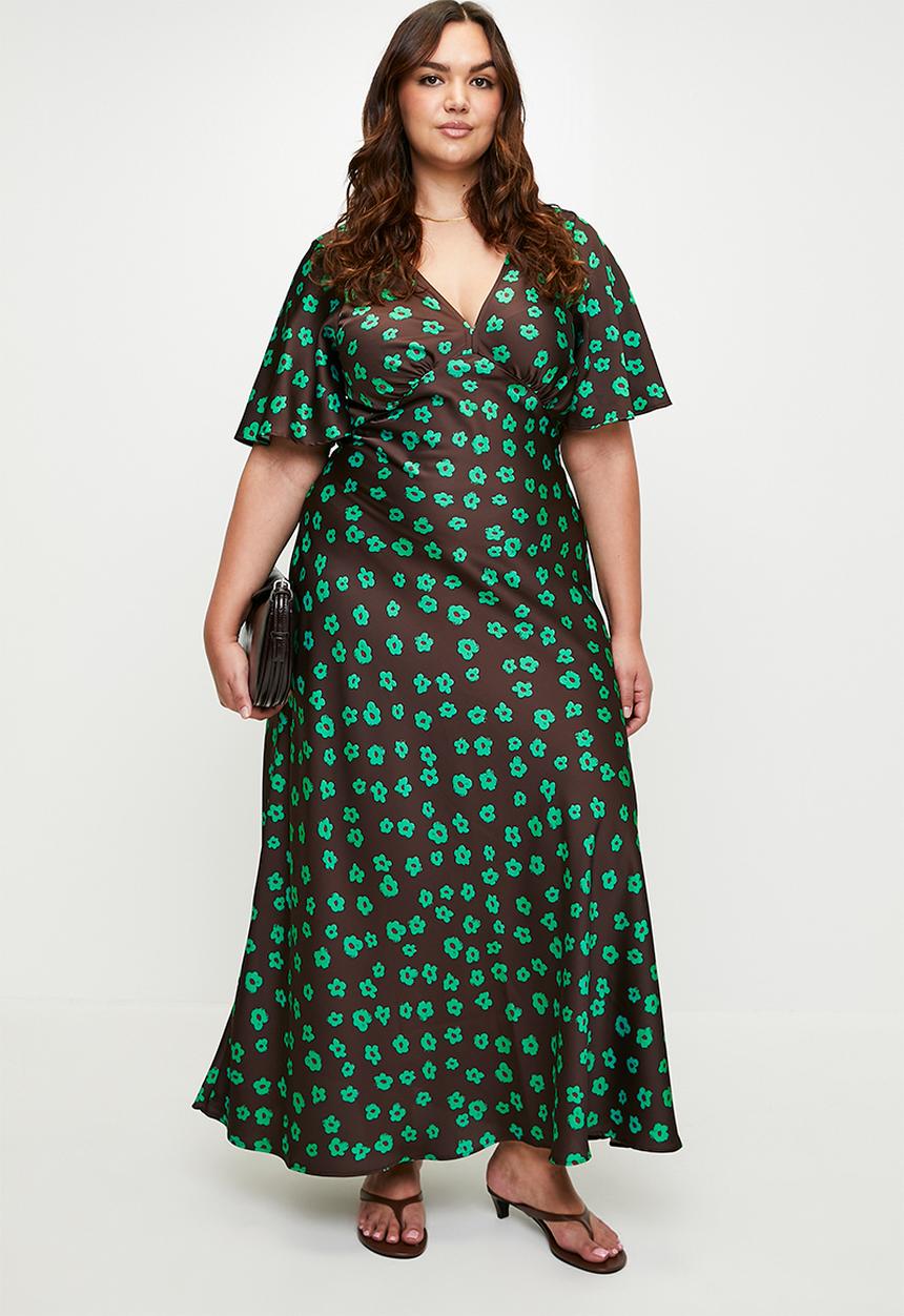 Me&B - Plus Jade Flower Satin Bias Maxi - Choc