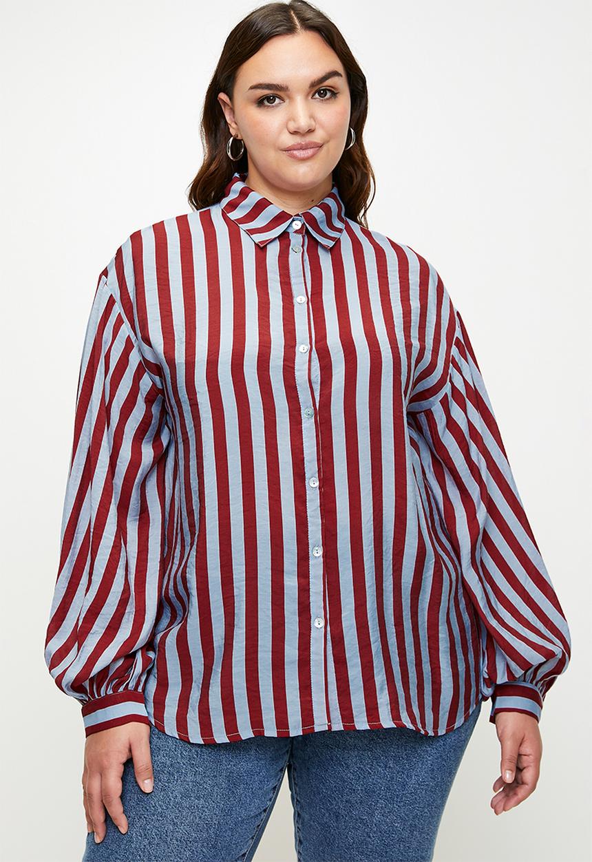 Me&B - Plus Bellow Stripe Sleeve Shirt - Red/Blue