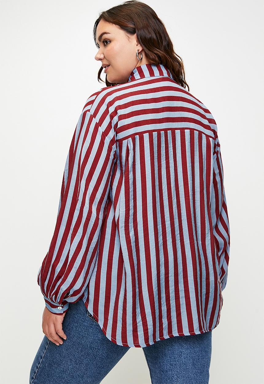Me&B - Plus Bellow Stripe Sleeve Shirt - Red/Blue