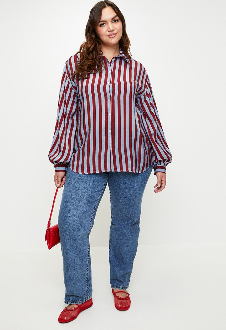 Me&B - Plus Bellow Stripe Sleeve Shirt - Red/Blue