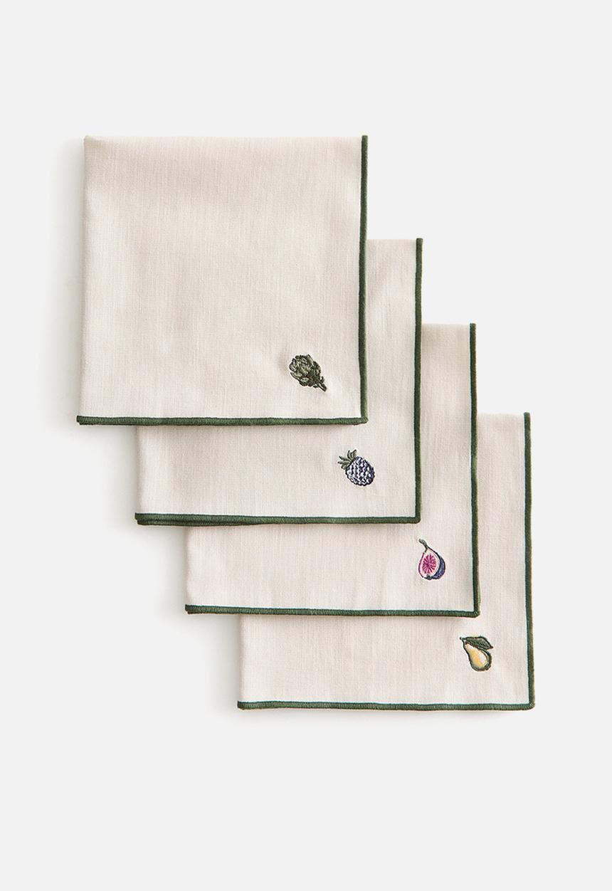 H&M - 4-pack embroidered napkins -- light beige/foods 