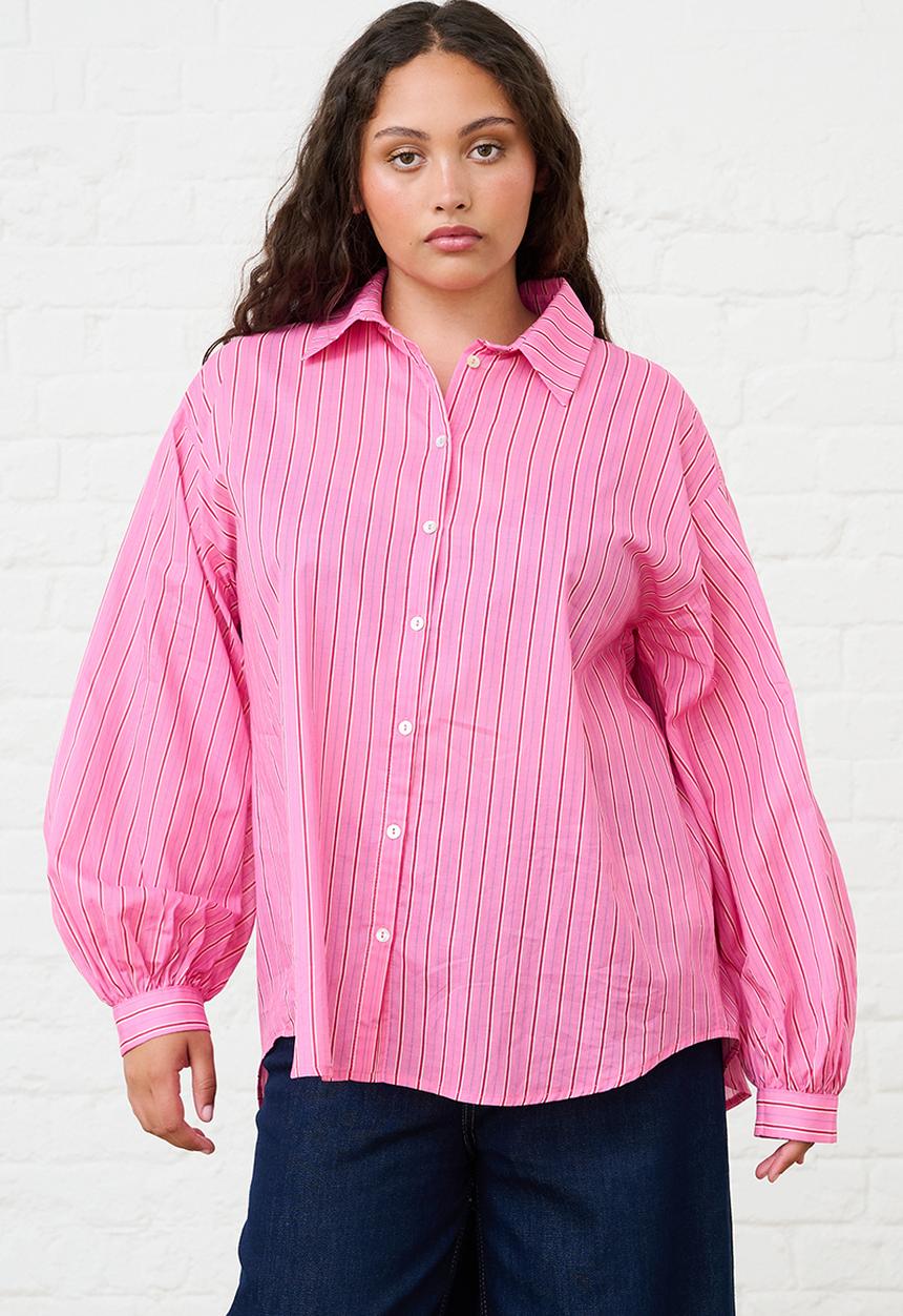 Me&B - Plus Bellow Sleeve Shirt Stripe - Pink