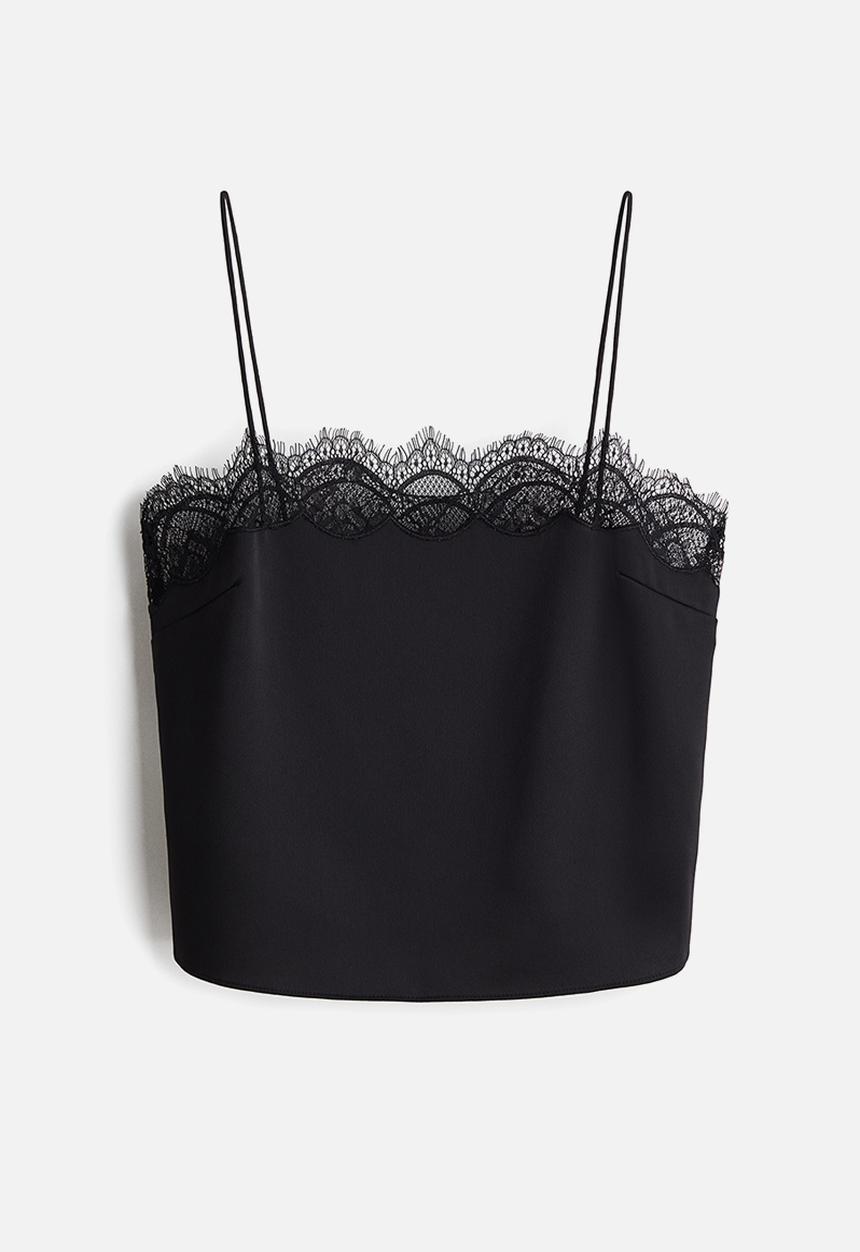 H&M - Lace-trimmed satin strappy top - black