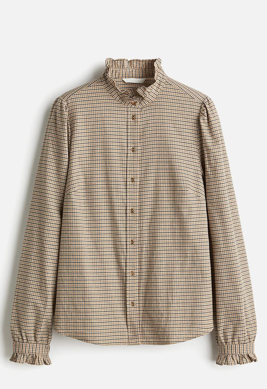 H&M - Frilled-collar blouse - beige/checked