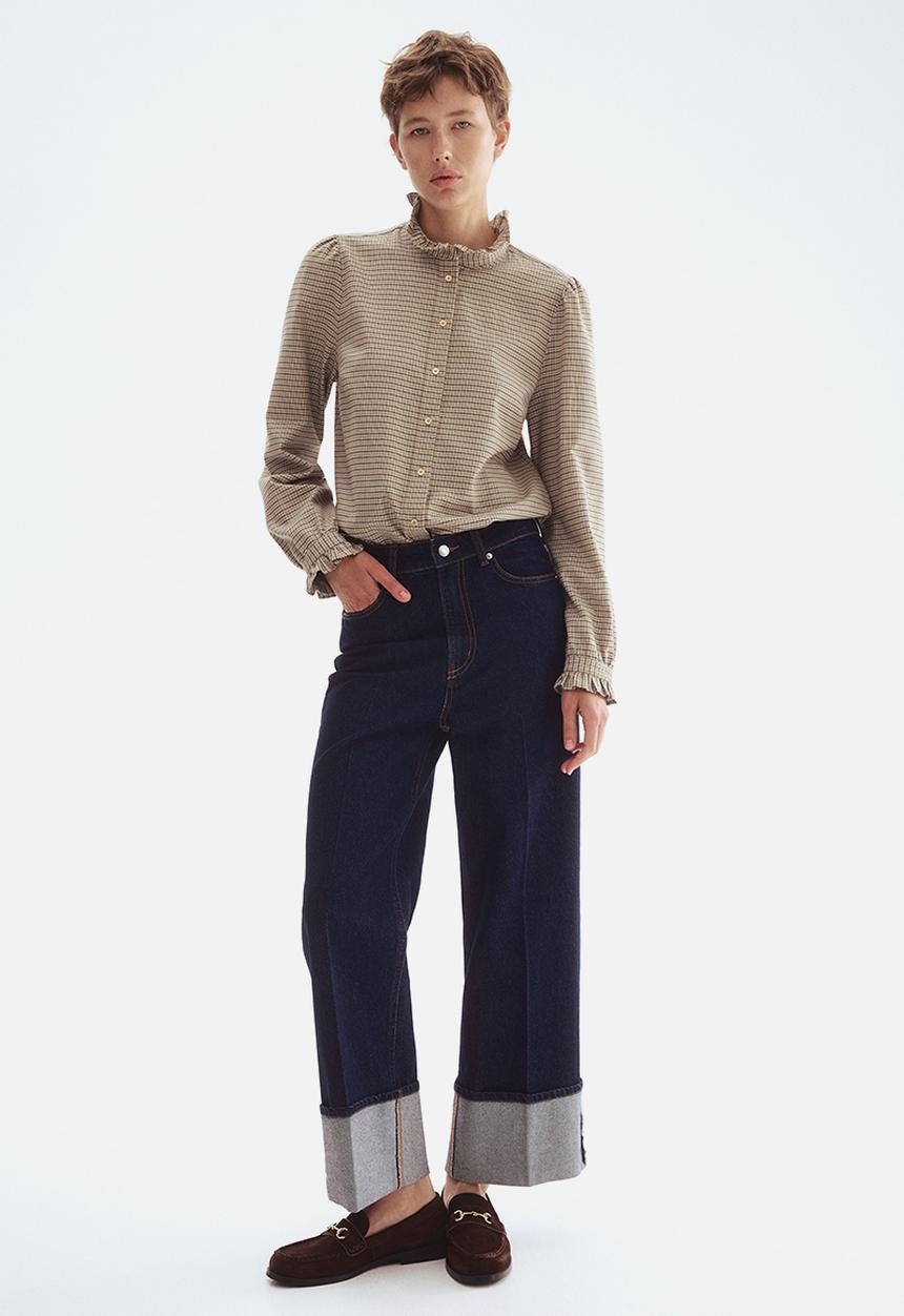 H&M - Frilled-collar blouse - beige/checked