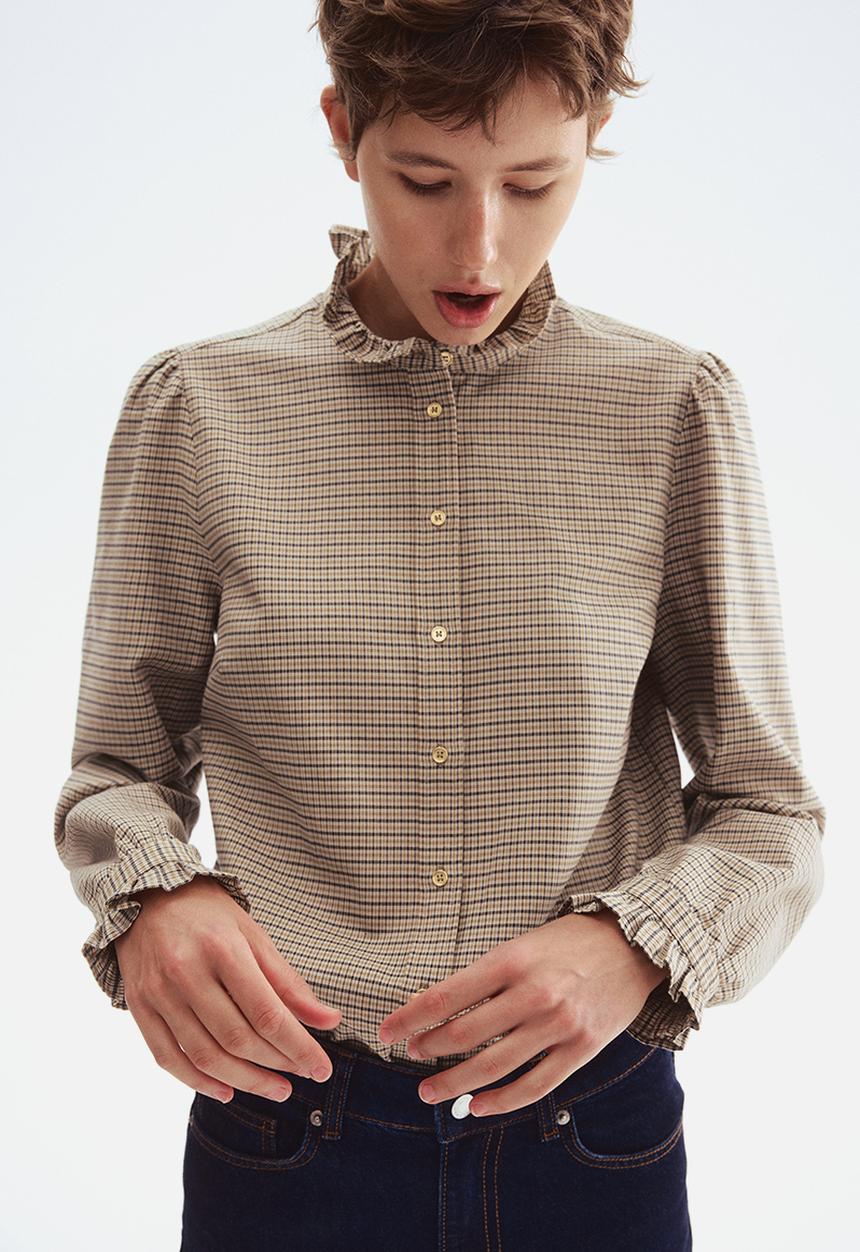 Frilled-collar blouse - beige/checked - 1295517003