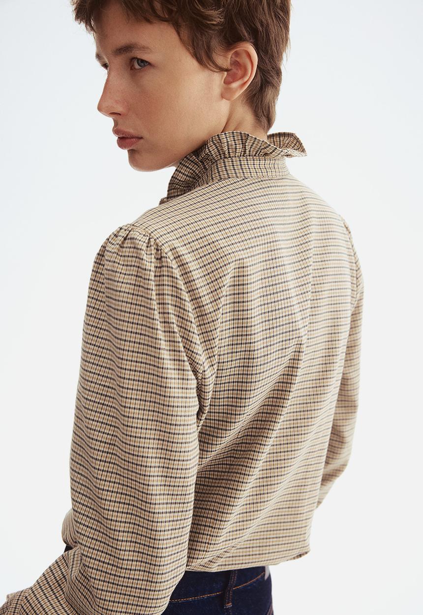 H&M - Frilled-collar blouse - beige/checked