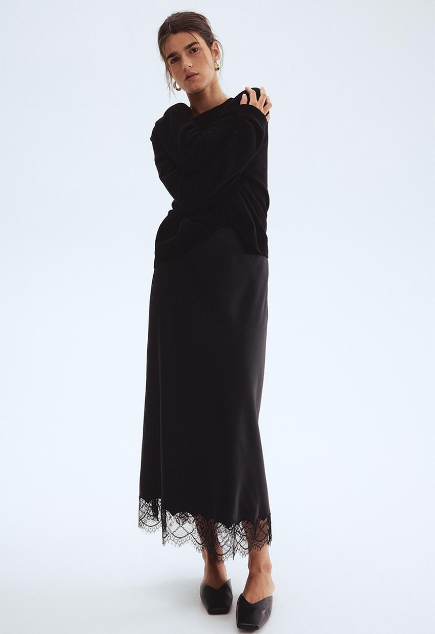 H&M - Lace-trimmed satin skirt - black