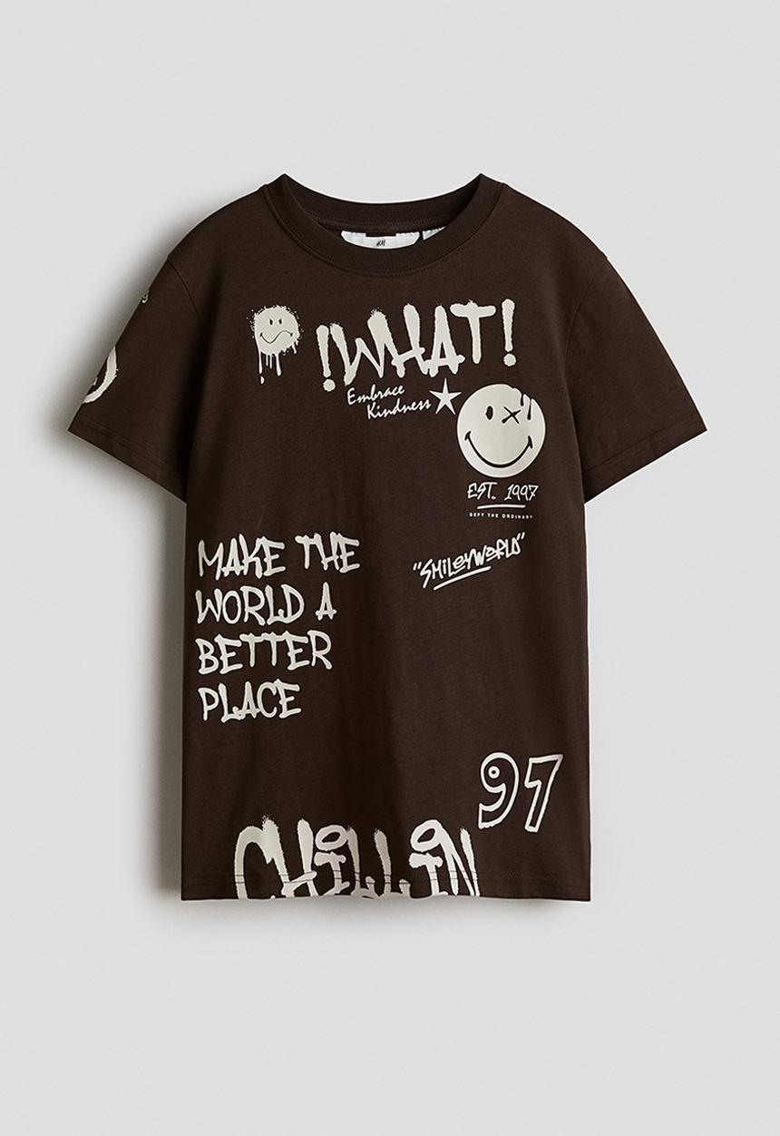 H&M - Print-motif cotton T-shirt - dark brown smileyworld®