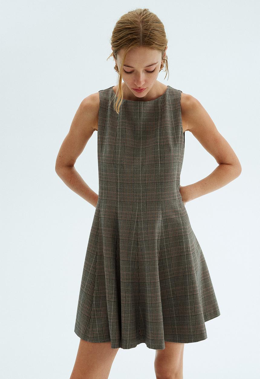 H&M - Flared-skirt dress - beige checked 