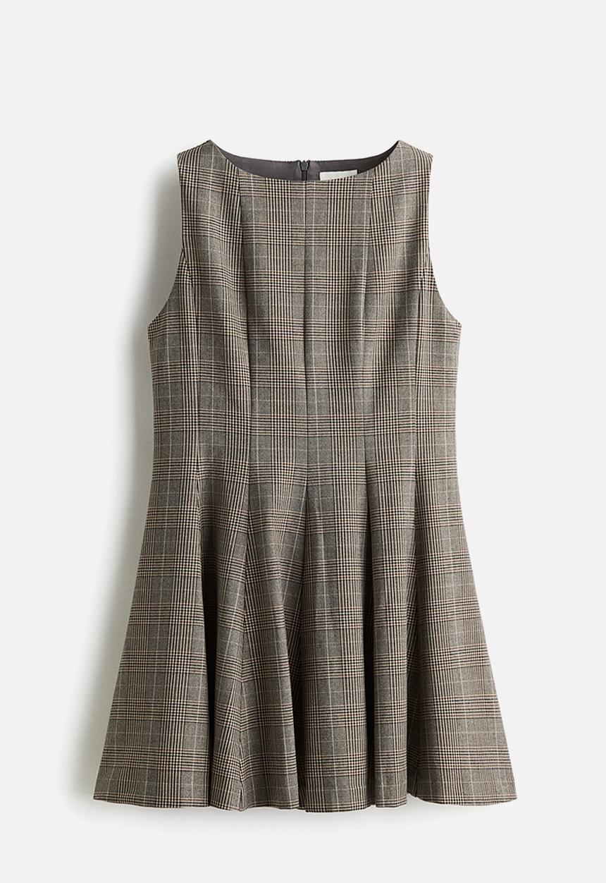 H&M - Flared-skirt dress - beige checked 