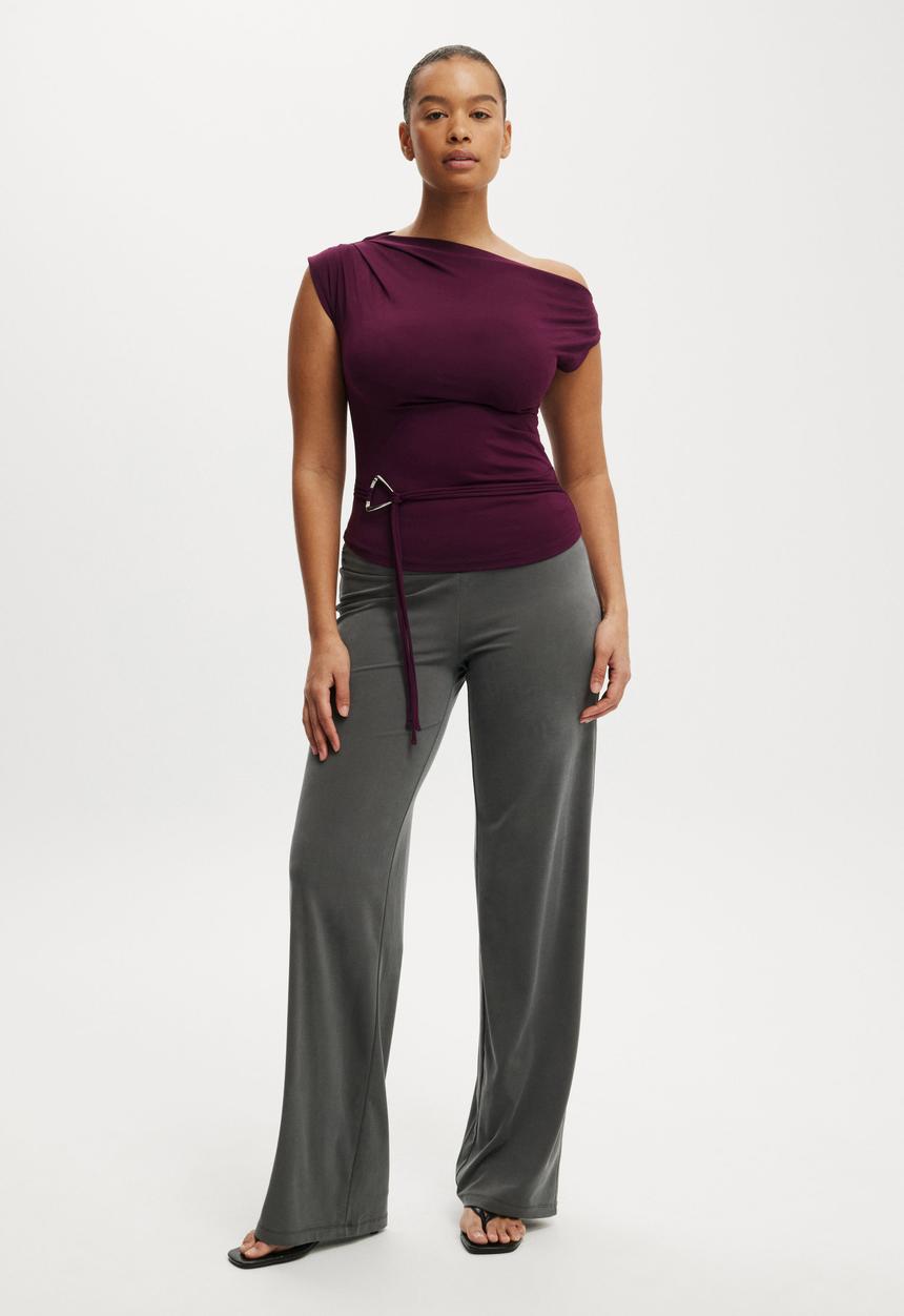 Cotton On - Georgie off shoulder belt short sleeve - blackberry belle 