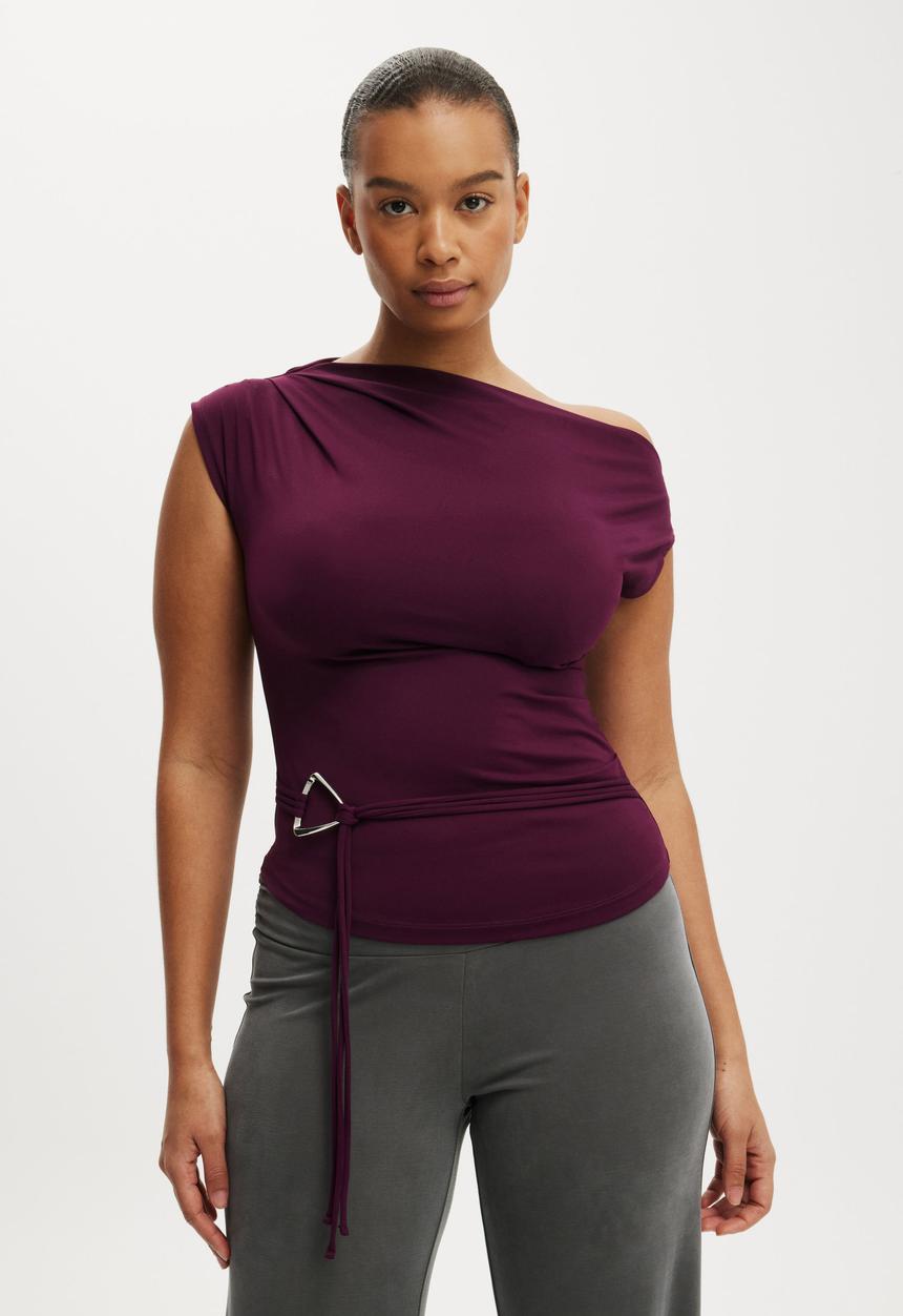 Cotton On - Georgie off shoulder belt short sleeve - blackberry belle 