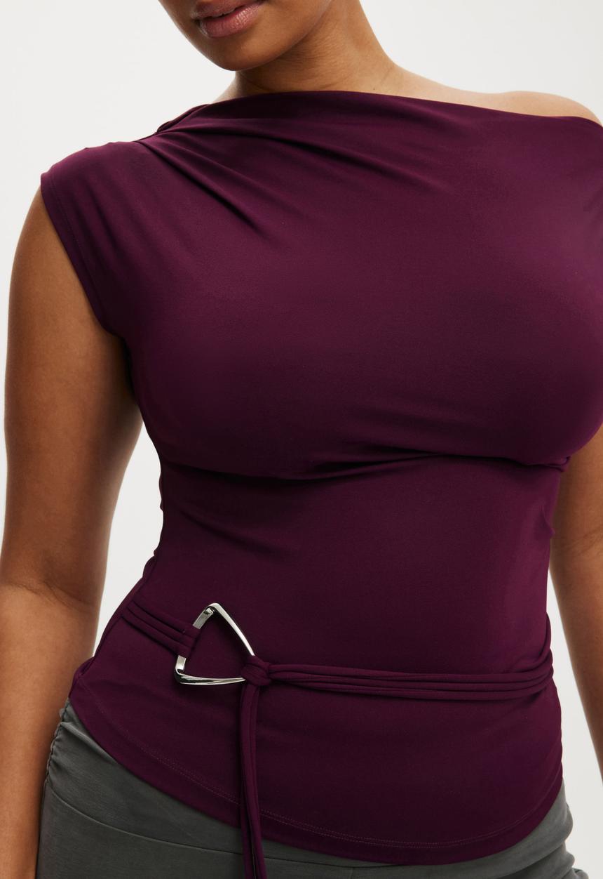 Cotton On - Georgie off shoulder belt short sleeve - blackberry belle 