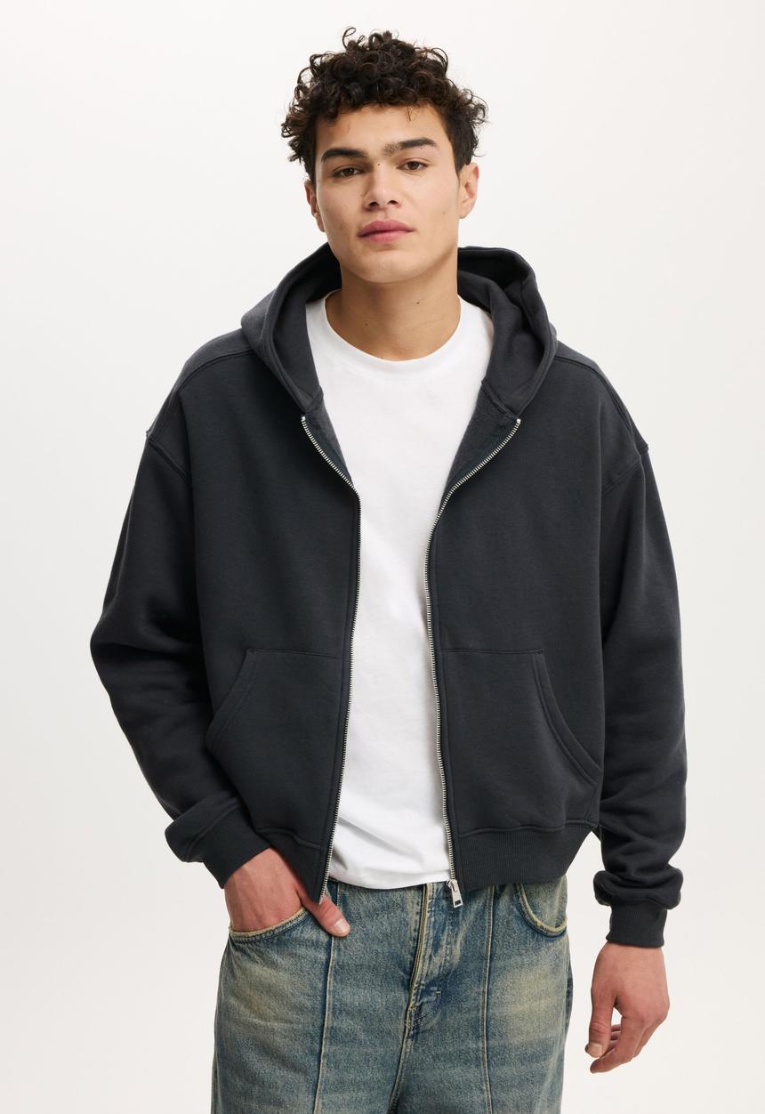 Cropped Zip Up Hoodie - Washed Black