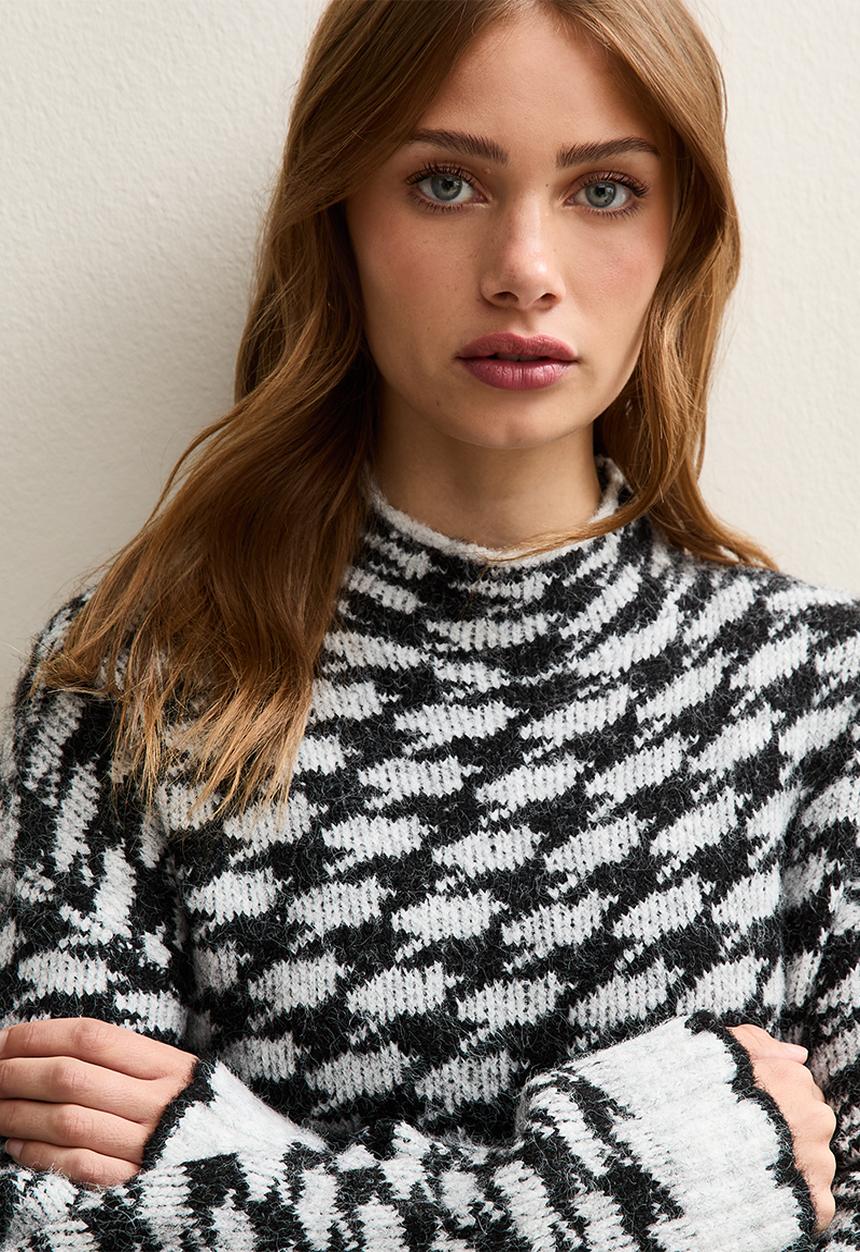 New Look - Houndstooth High Neck Jumper - lt grey