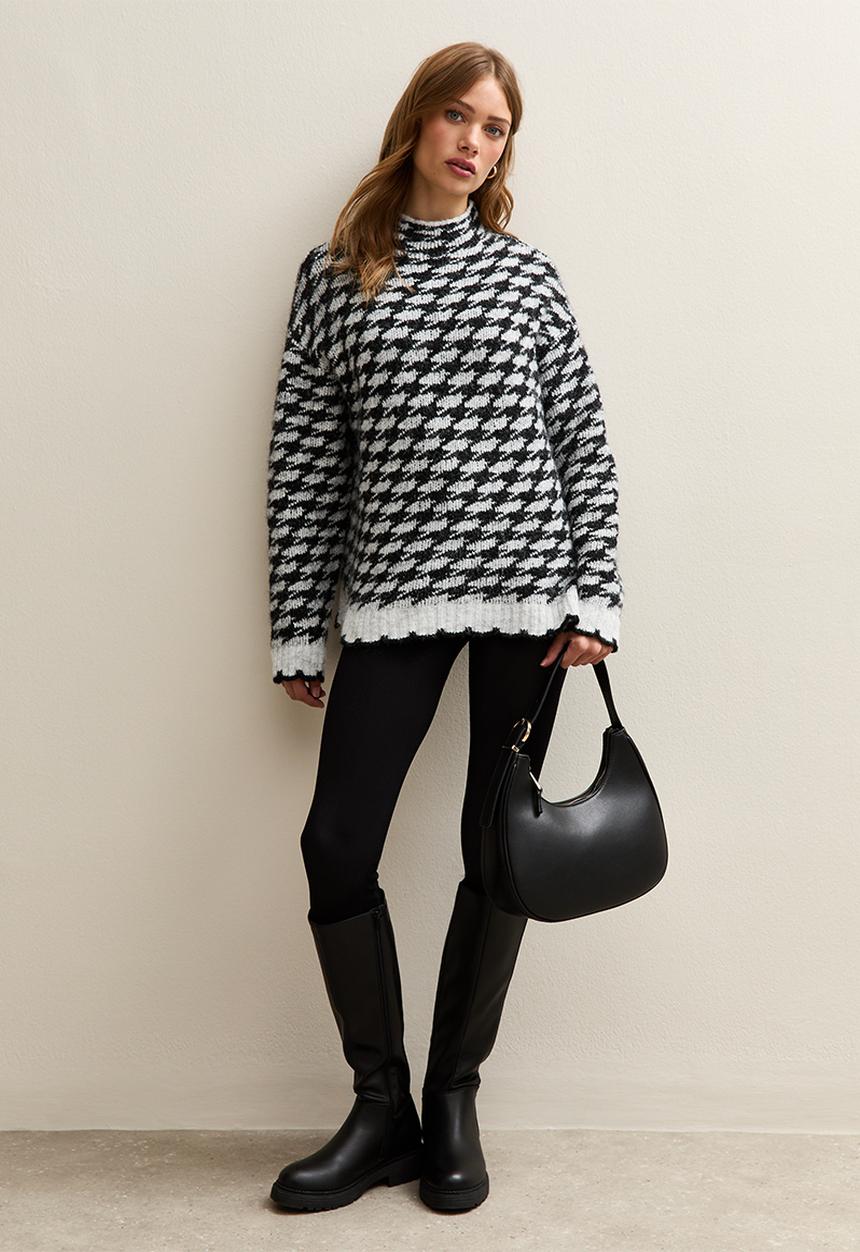 New Look - Houndstooth High Neck Jumper - lt grey