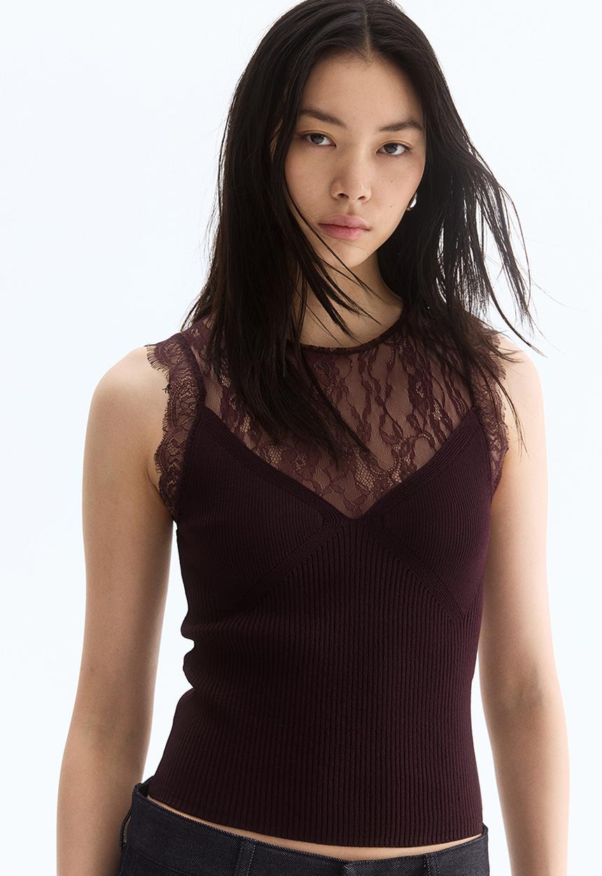 H&M - Lace-detail top - burgundy