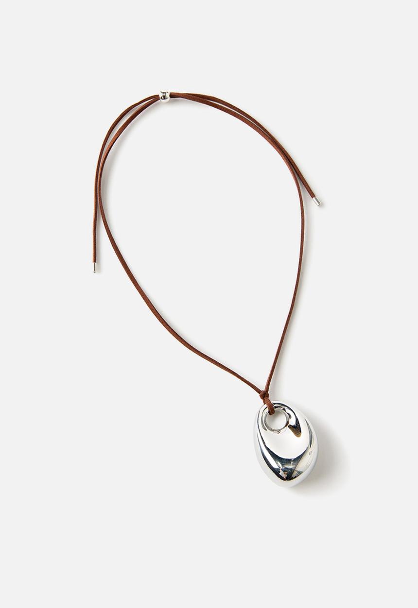 Rubi - Cord Pendant PebbleNecklace - Silver/Choc