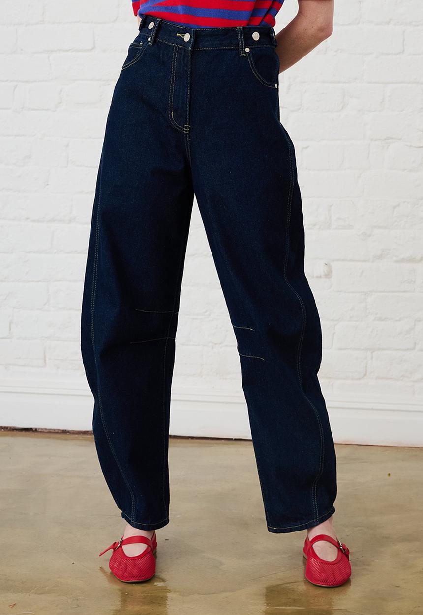 Me&B - Adjustable Waist Barrel Leg Jeans - Dark Wash