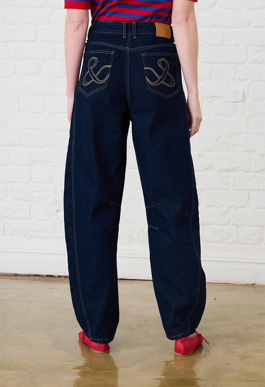 Me&B - Adjustable Waist Barrel Leg Jeans - Dark Wash