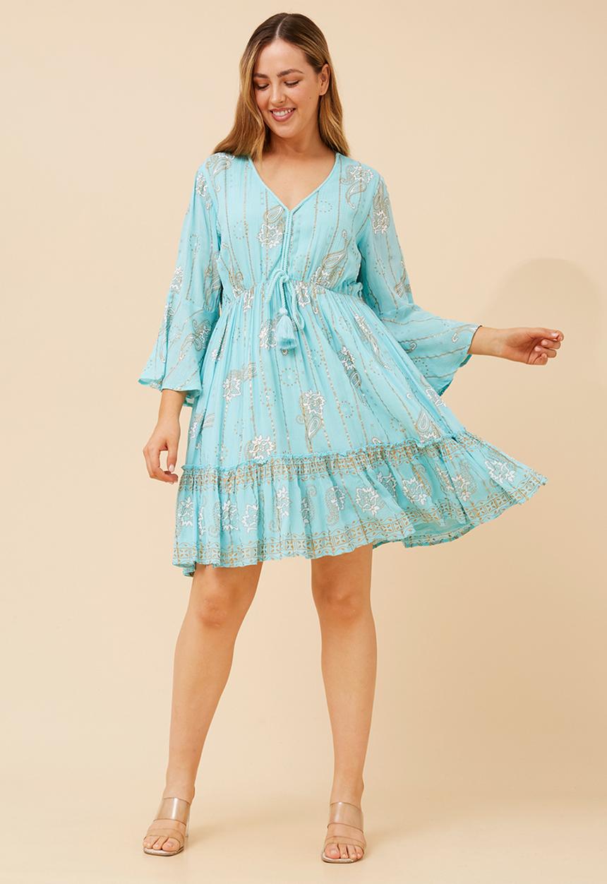 Izabel London - 3/4 Sleeve With Flutter V-Neck With Rope Tiered Dress With Print Detail - Aqua