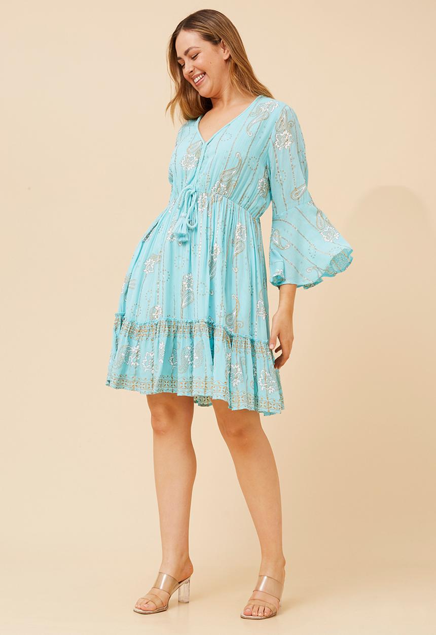 Izabel London - 3/4 Sleeve With Flutter V-Neck With Rope Tiered Dress With Print Detail - Aqua