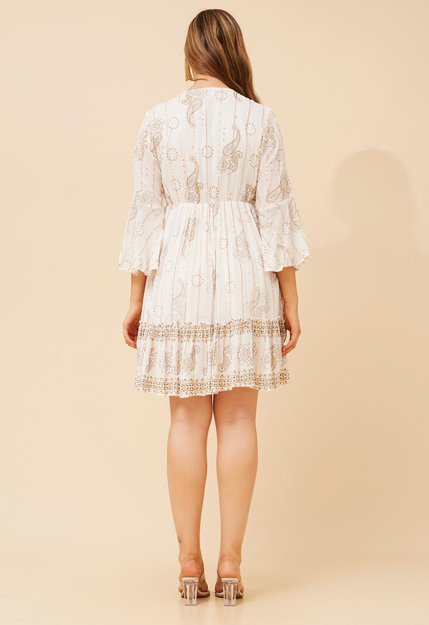 Izabel London - 3/4 Sleeve With Flutter V-Neck With Rope Midi Tiered Dress With Print Detail - White
