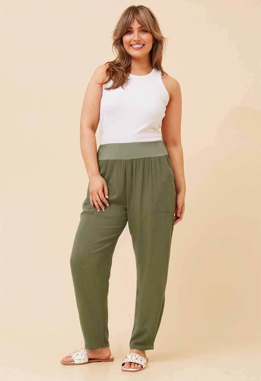 Izabel London - High Waisted Linen Blend Straight Leg Pant With Ribbed And Elasticated Waistband - Khaki