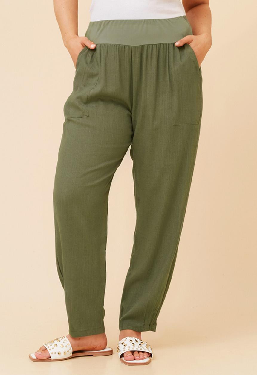 Izabel London - High Waisted Linen Blend Straight Leg Pant With Ribbed And Elasticated Waistband - Khaki