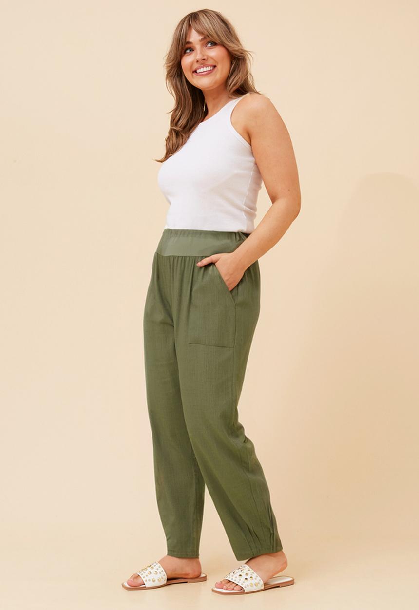 Izabel London - High Waisted Linen Blend Straight Leg Pant With Ribbed And Elasticated Waistband - Khaki